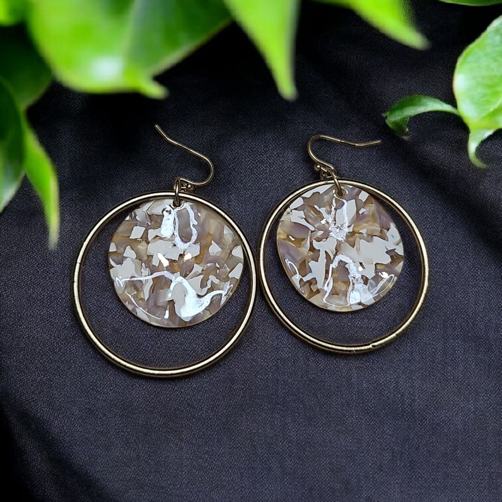 Gold and Cream Double Circle Earrings with Sparkling Crystals